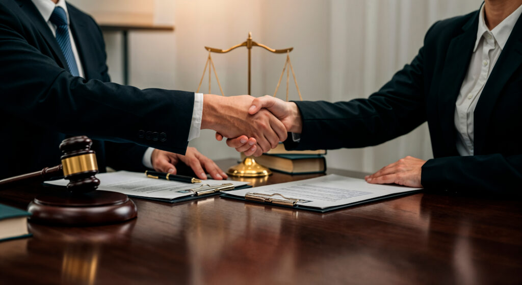 Lawyers shaking hands over legal documents in a professional office setting, symbolizing commitment to client representation at the Law Office of Bryan Fagan, PLLC.
