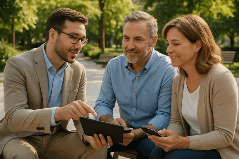 Group of three adults discussing estate planning while reviewing documents on a tablet in a park, emphasizing the importance of wills and trusts with a Kingwood attorney.