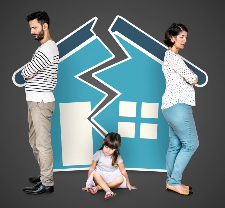Angry parents standing apart with a distressed child sitting between them, symbolizing family conflict during divorce, against a backdrop of split house graphics.