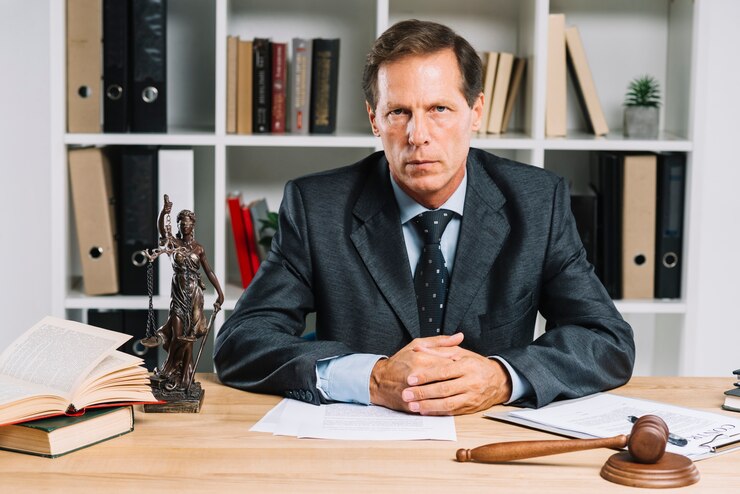Confident mature lawyer in a suit sitting at a desk with legal documents, a gavel, and a statue of Lady Justice, symbolizing dedicated criminal defense representation at the Law Office of Bryan Fagan, PLLC.