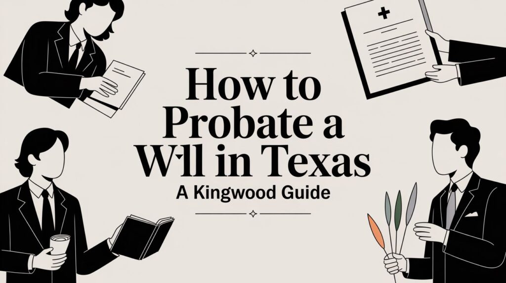 Illustration depicting individuals discussing probate topics, featuring the title "How to Probate a Will in Texas: A Kingwood Guide" with legal documents and symbols, relevant to Harris County probate services.