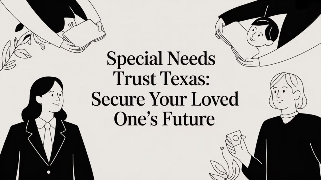 Special Needs Trust Texas graphic illustrating secure future planning for loved ones with disabilities, featuring diverse individuals and supportive imagery.