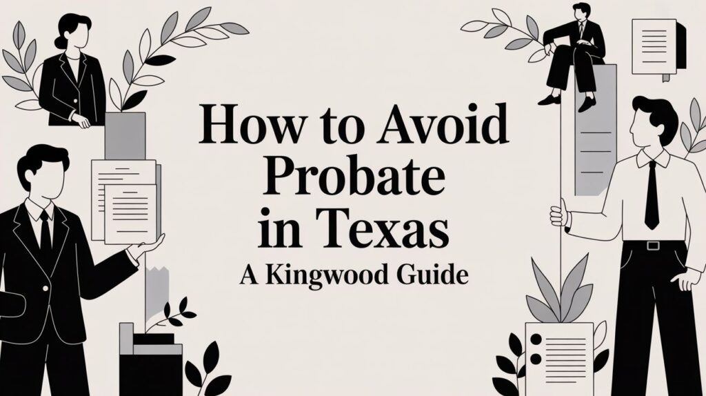 How to Avoid Probate in Texas guide by Kingwood Attorneys, featuring illustrated figures with legal documents and plants, emphasizing estate planning concepts.