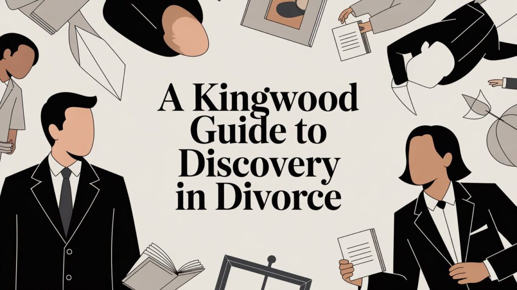 Illustration depicting a diverse group of individuals in business attire, surrounded by legal documents, emphasizing "A Kingwood Guide to Discovery in Divorce."