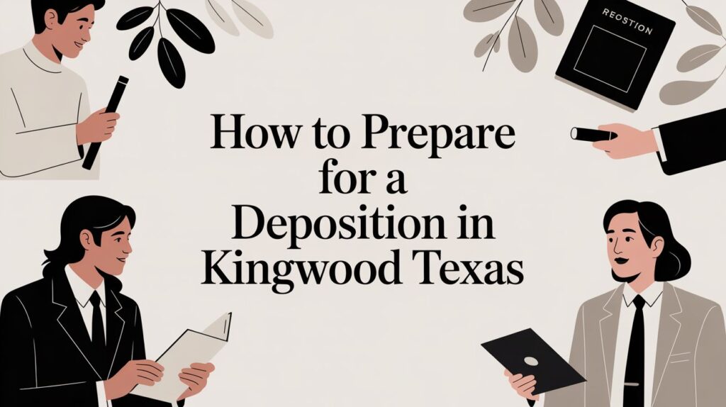 How to prepare for a deposition in Kingwood Texas, illustrated with diverse individuals engaging in legal discussions and reviewing documents.