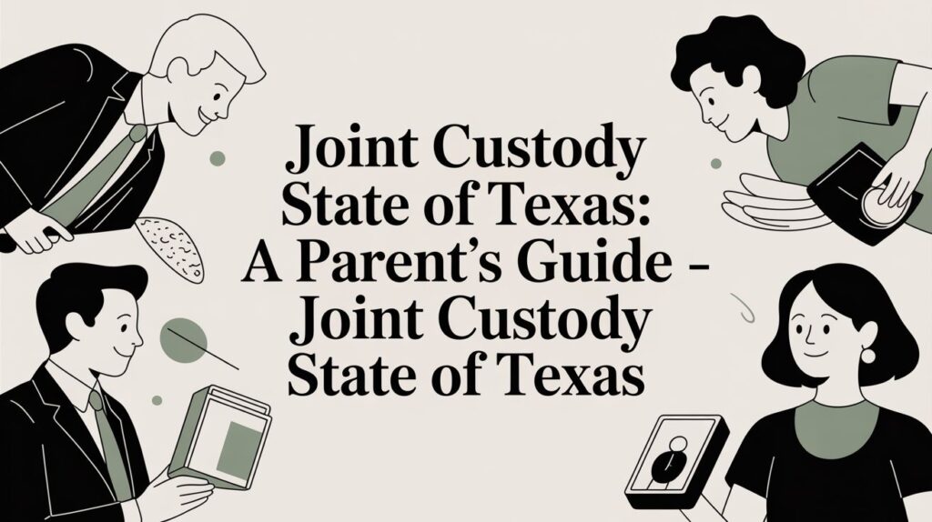 Joint custody guide for Texas, featuring diverse parents engaging with children and legal documents, emphasizing family law and custody arrangements.