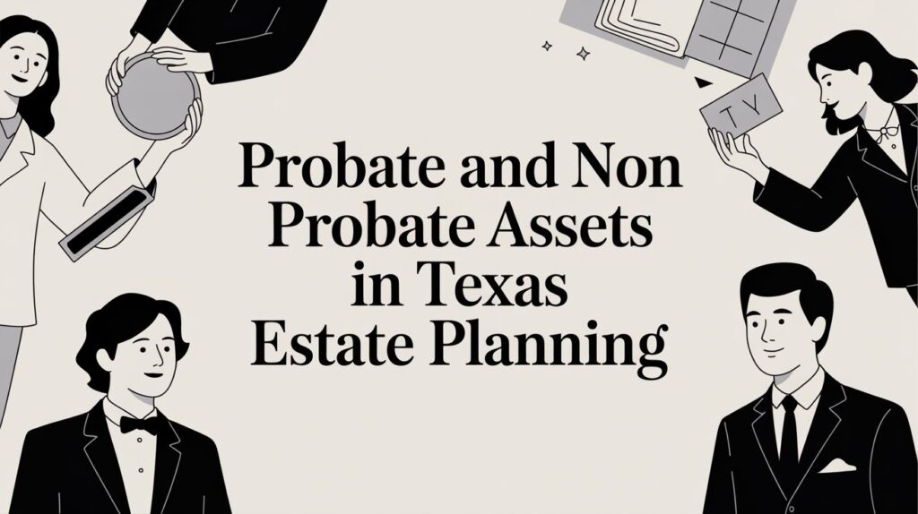Probate and non-probate assets in Texas estate planning, featuring diverse individuals engaging with various assets and legal documents.