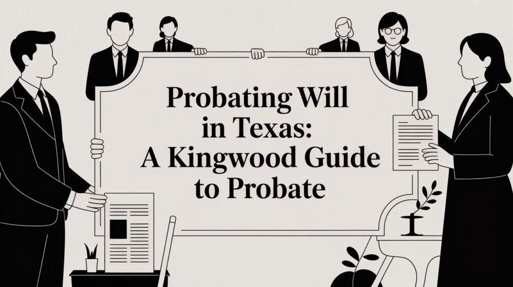 Probating Will in Texas: A Kingwood Guide to Probate, illustrated with diverse professionals holding a sign and documents, emphasizing legal guidance for estate matters in Kingwood.