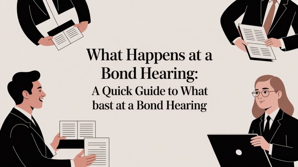 What happens at a bond hearing graphic featuring legal professionals discussing bond hearing procedures and guidelines.