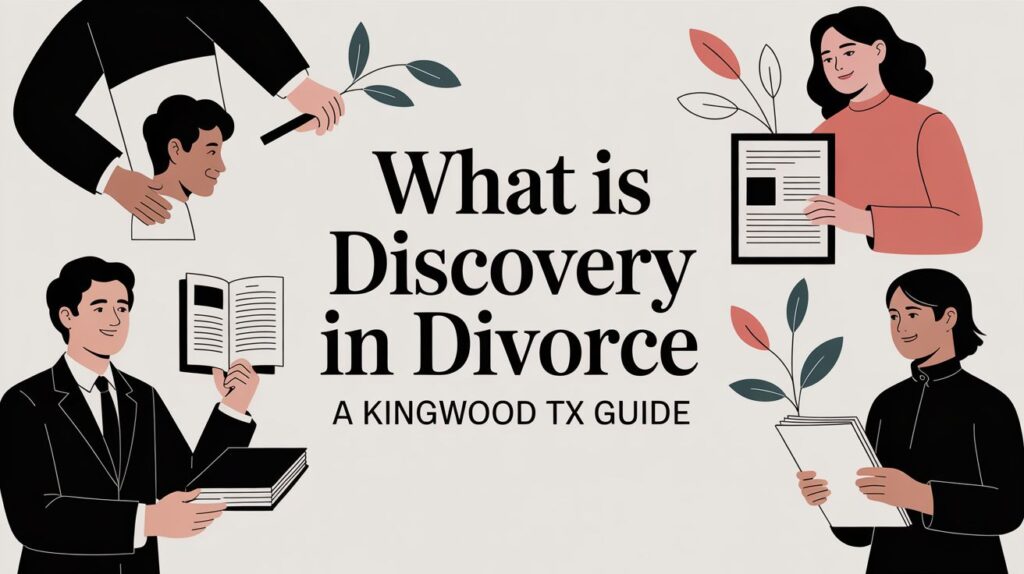 Illustration depicting the concept of "Discovery in Divorce," featuring diverse individuals holding legal documents and books, with greenery accents, related to divorce legal guidance in Kingwood, TX.