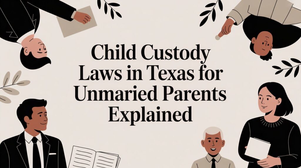 Child custody laws in Texas for unmarried parents explained, featuring diverse characters discussing legal matters.