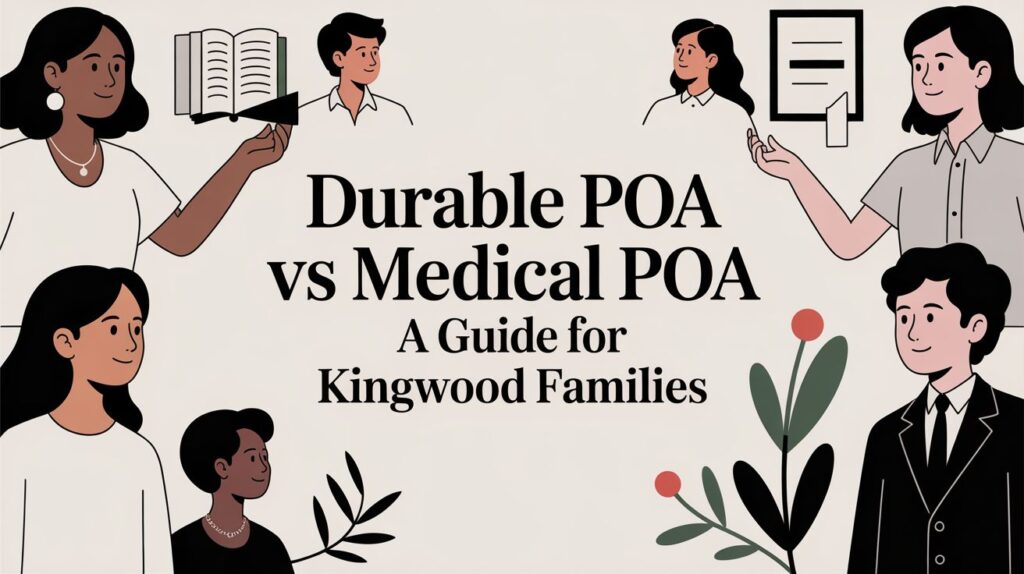 Durable POA vs Medical POA graphic featuring diverse individuals discussing legal documents, aimed at educating Kingwood families about power of attorney options.