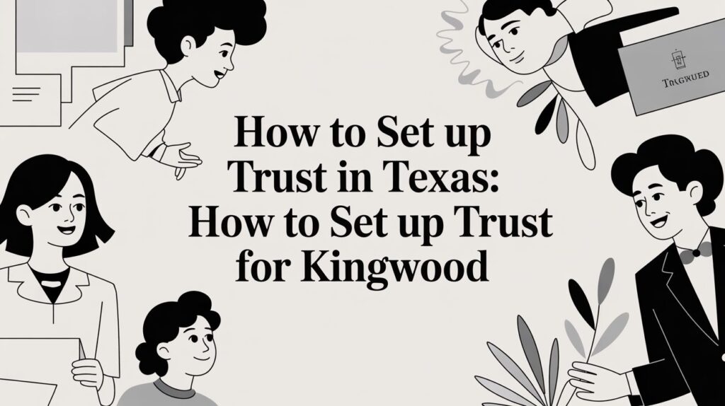 How to set up a trust in Texas graphic, featuring diverse individuals discussing trust planning for Kingwood families.