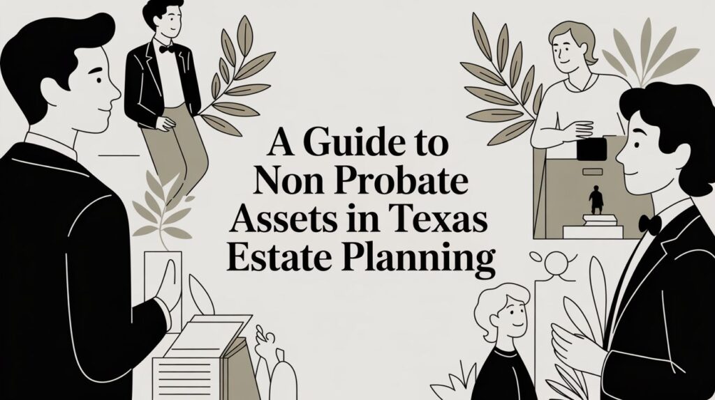 Illustration depicting a guide to non-probate assets in Texas estate planning, featuring diverse characters engaged in discussions, surrounded by plants and legal documents.