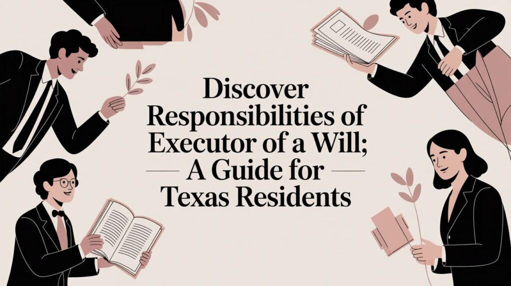 Illustration of diverse individuals engaging with legal documents, emphasizing responsibilities of an executor of a will, tailored for Texas residents.