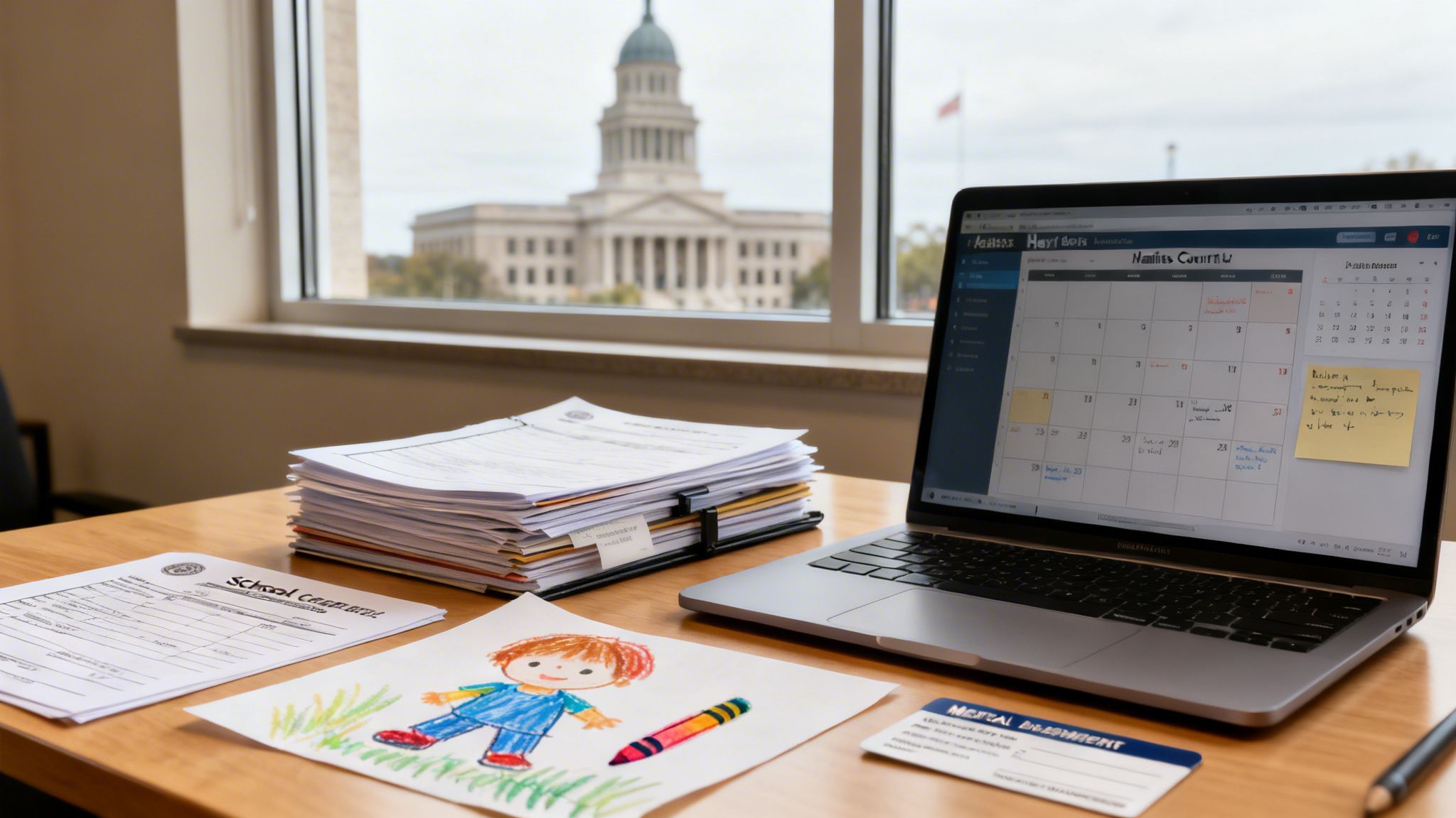 A desk setup with legal documents, a child's drawing, and a laptop, overlooking a capitol building.