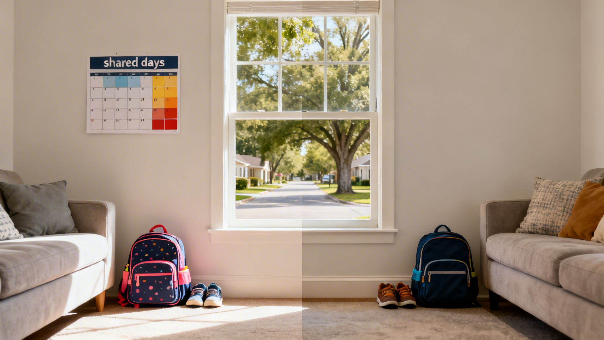 Two child backpacks and shoes in a room with a shared days calendar, representing co-parenting.
