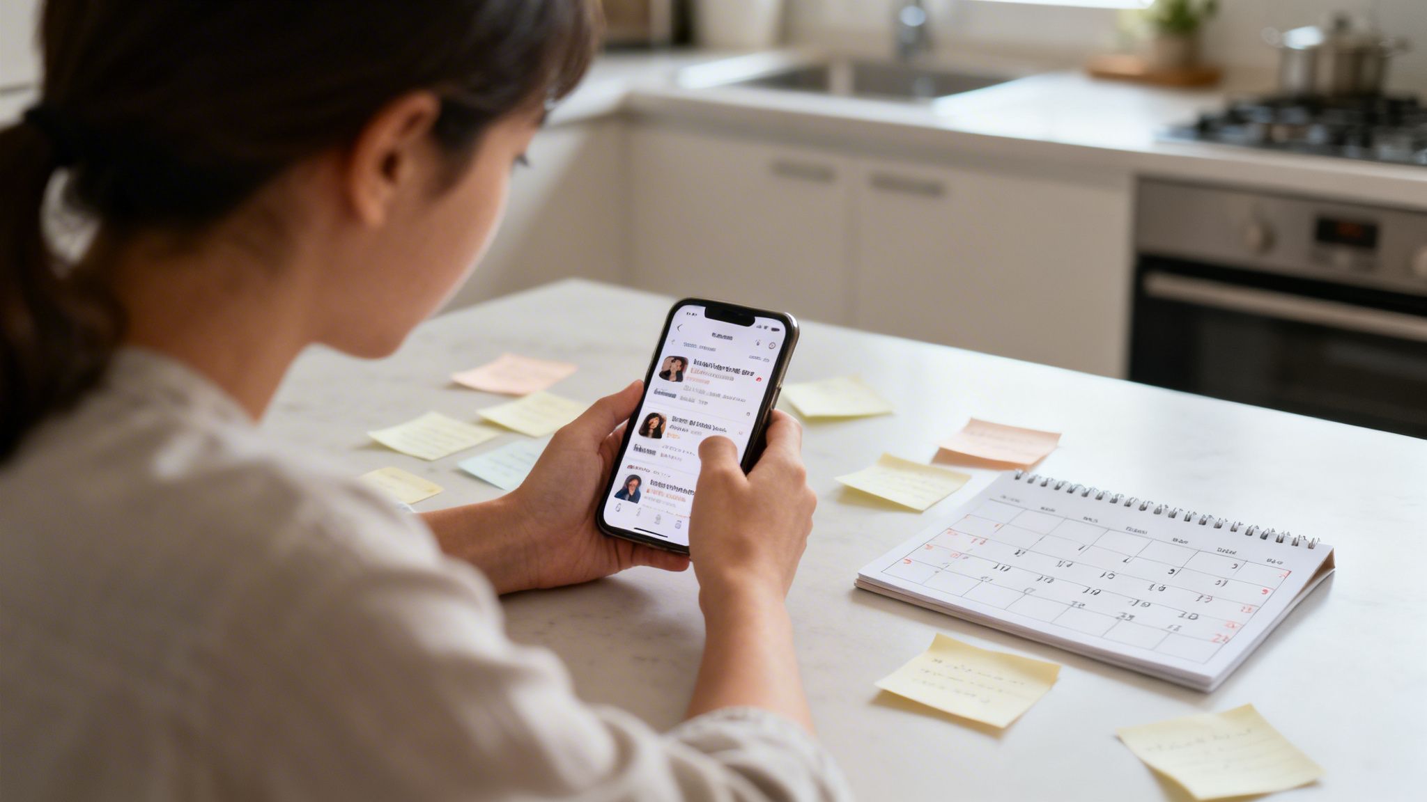 Person viewing a social media app on a smartphone in a modern kitchen with a calendar and sticky notes.