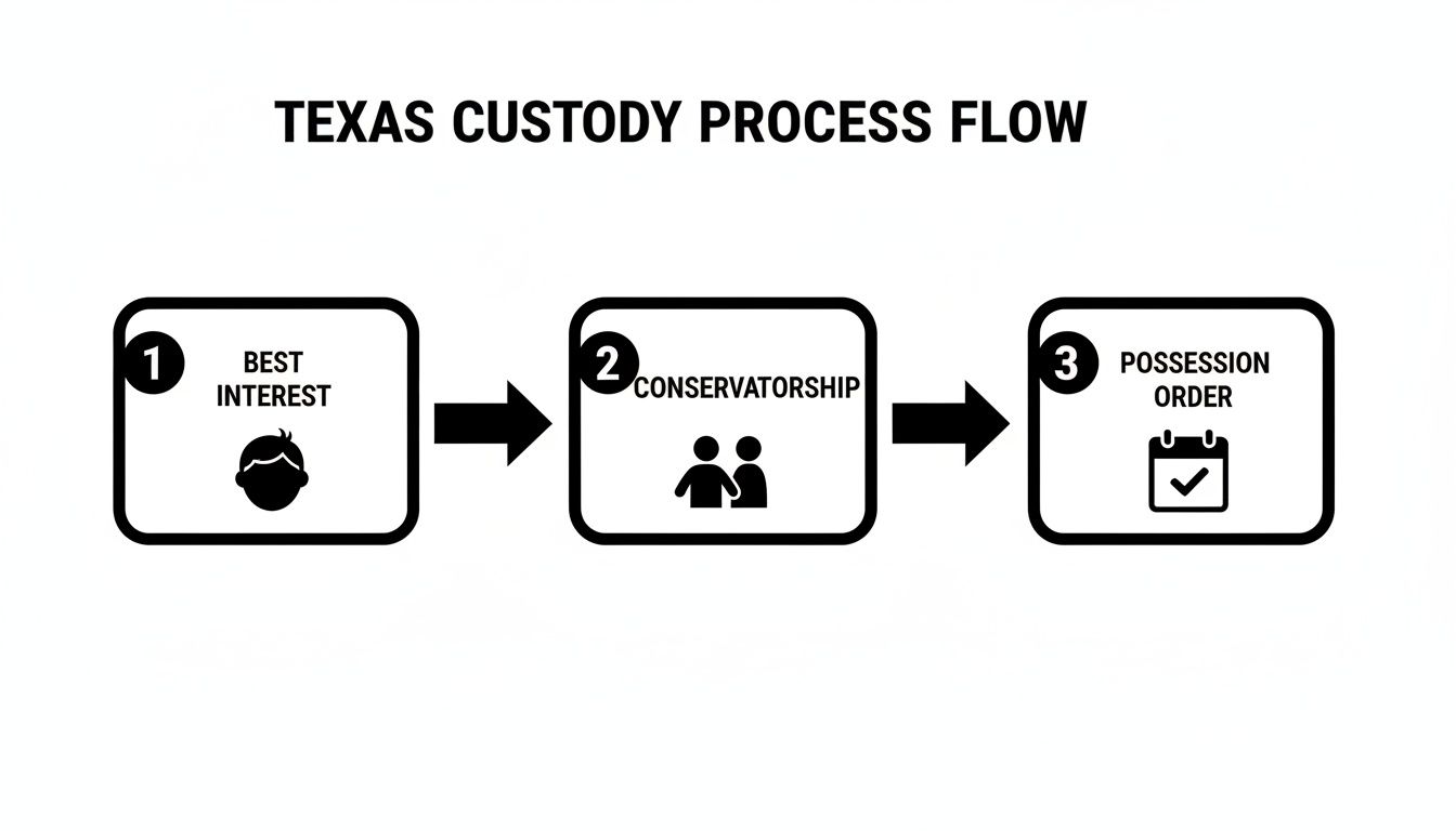 A Texas child custody process flow chart showing best interest, conservatorship, and possession order steps.