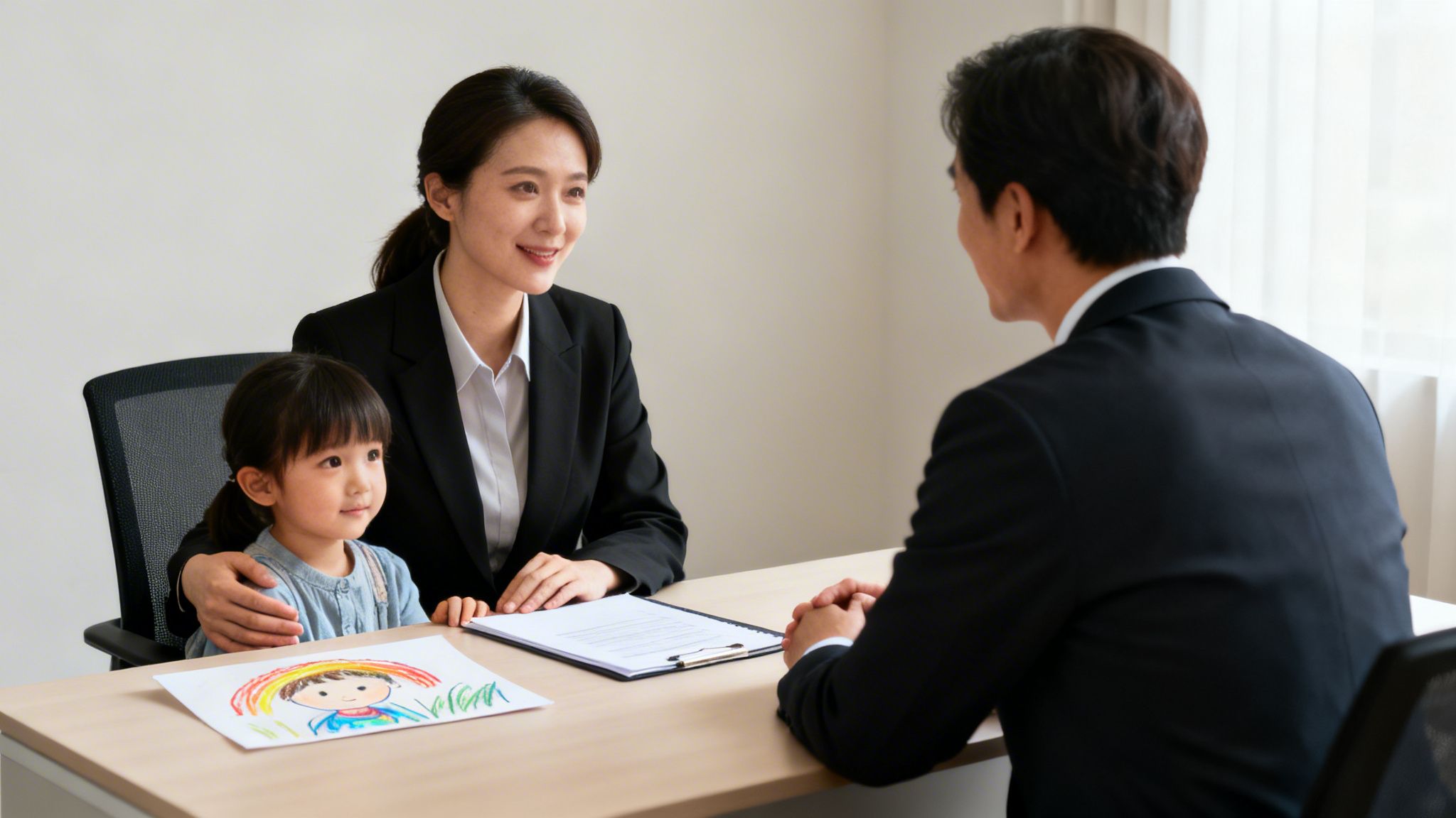A smiling woman and young child consult with a man in an office, a child's drawing on the table.