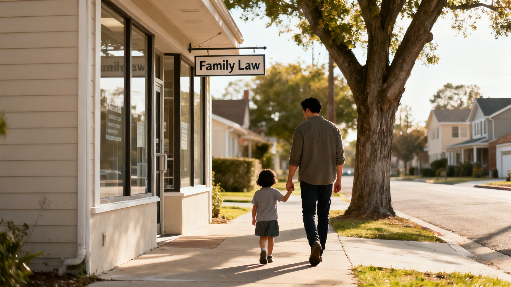 A man and child walk hand-in-hand past a 'Family Law' office on a sunny day.