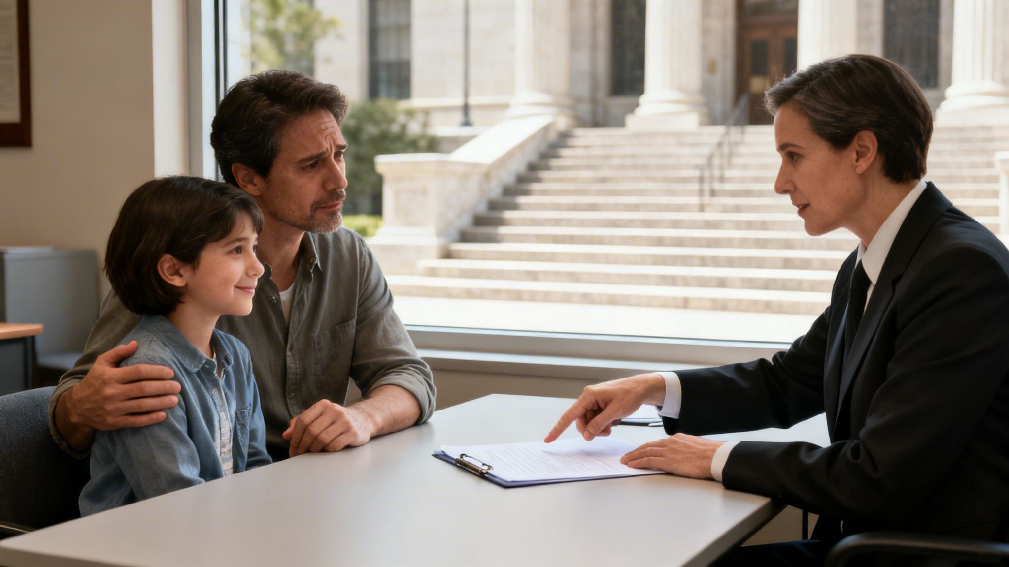 A father and son meet with a female attorney, reviewing documents in an office with a courthouse view.