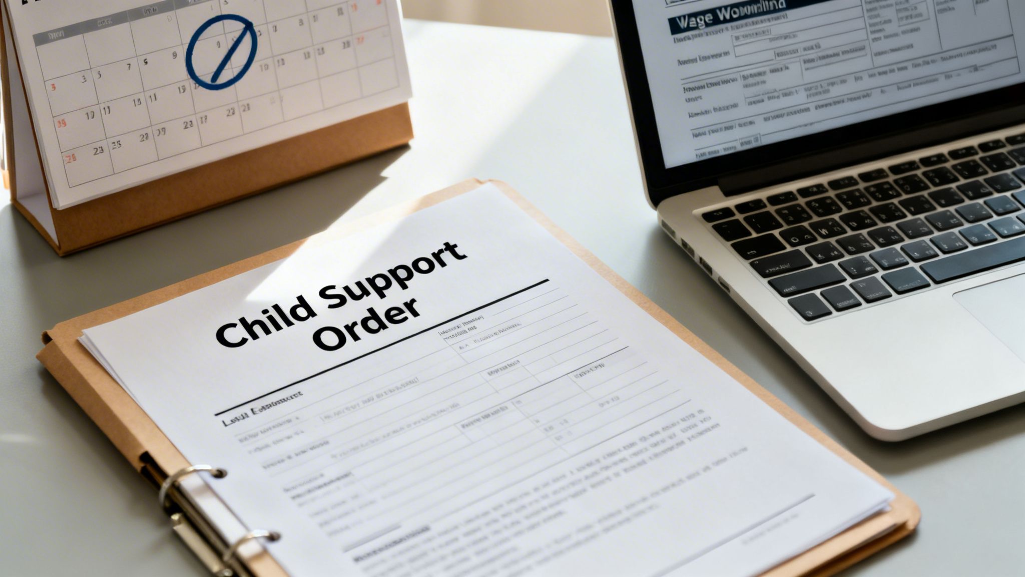 Child Support Order document on a desk with a calendar and laptop, highlighting legal financial matters.
