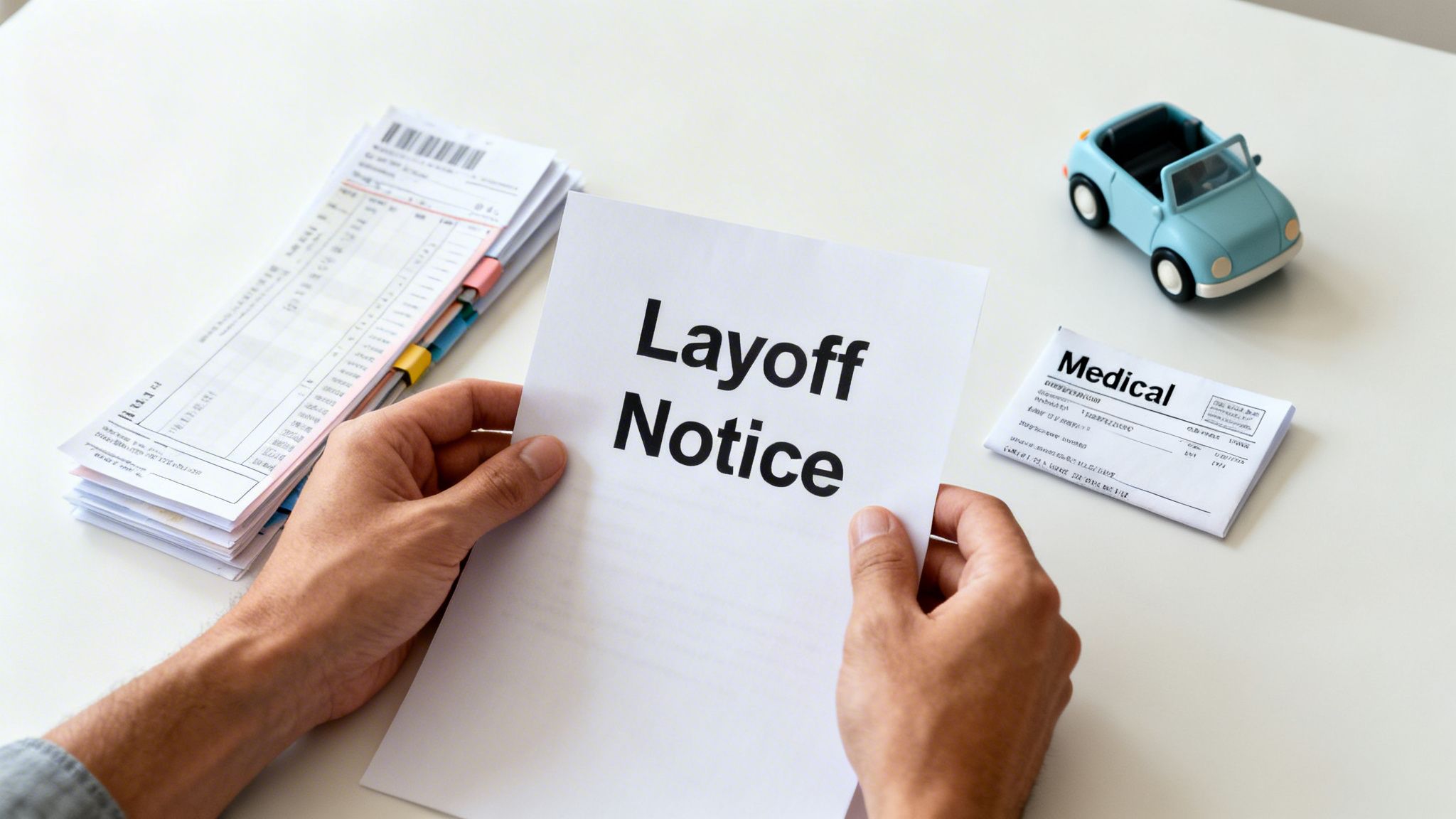 A person holds a 'Layoff Notice' document, with stacked bills and a toy car on a white table, symbolizing job loss.