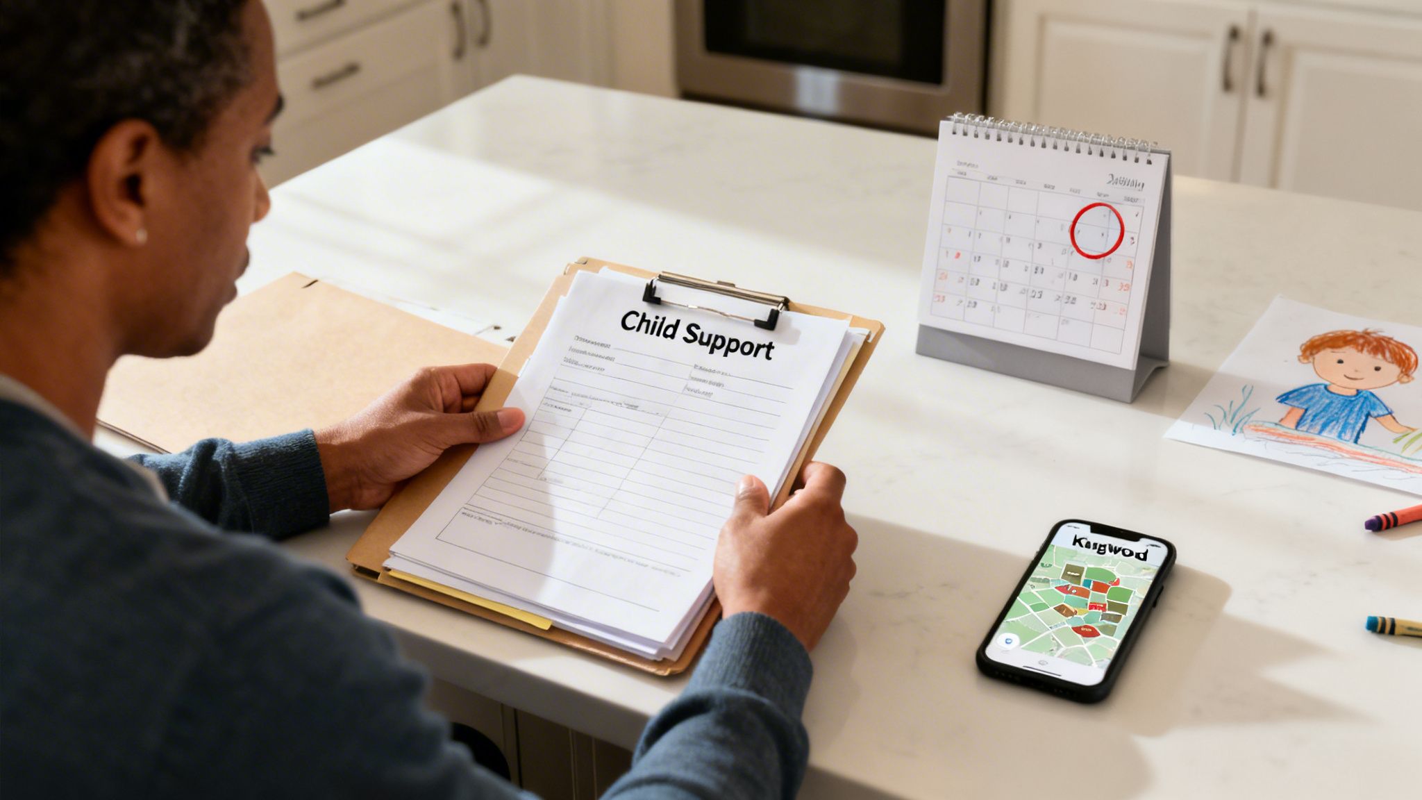 A person reviews 'Child Support' legal documents, with a calendar, child's drawing, and Kingwood map on a phone.