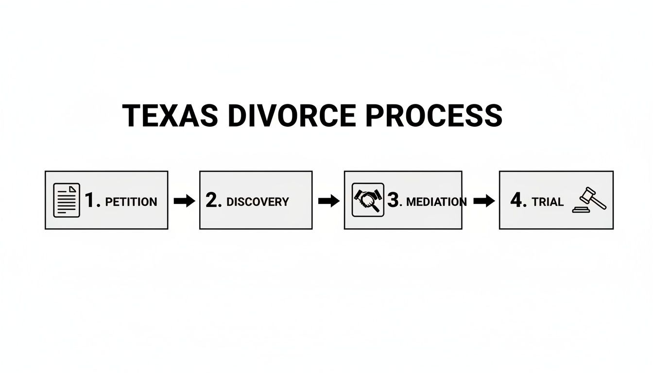 A flowchart illustrating the Texas divorce process with four key steps: Petition, Discovery, Mediation, and Trial.