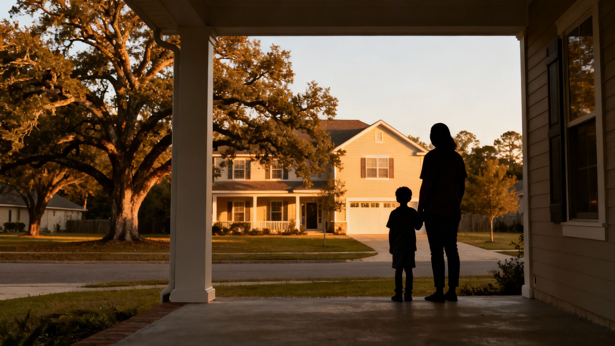 Silhouette of a parent and child holding hands on a porch, looking at suburban homes and trees at sunset.
