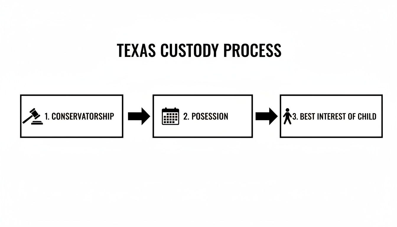 Flowchart illustrating the Texas custody process steps: conservatorship, possession, and best interest of child.