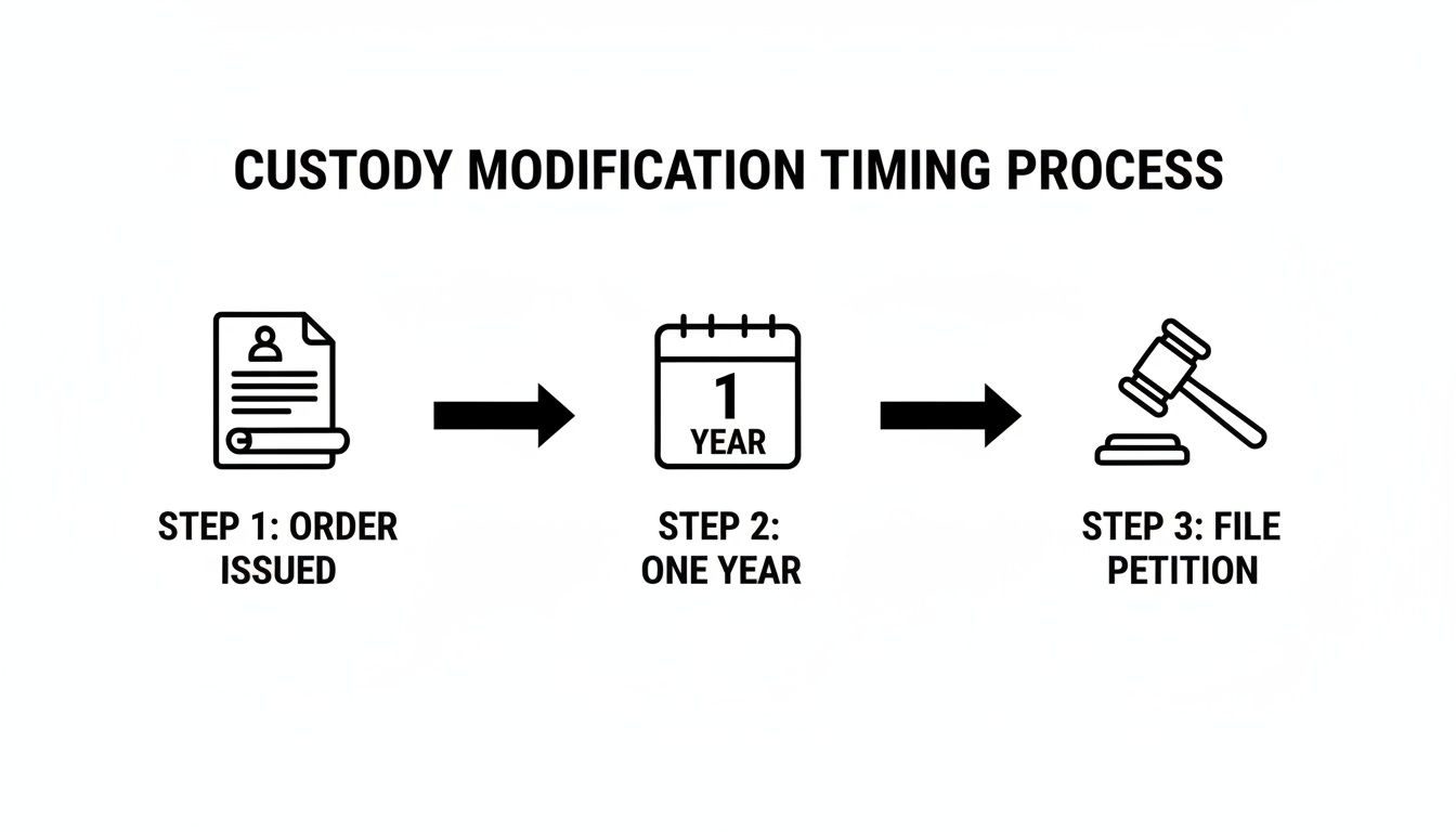 A flowchart illustrating the three-step custody modification timing process, including a one-year waiting period.