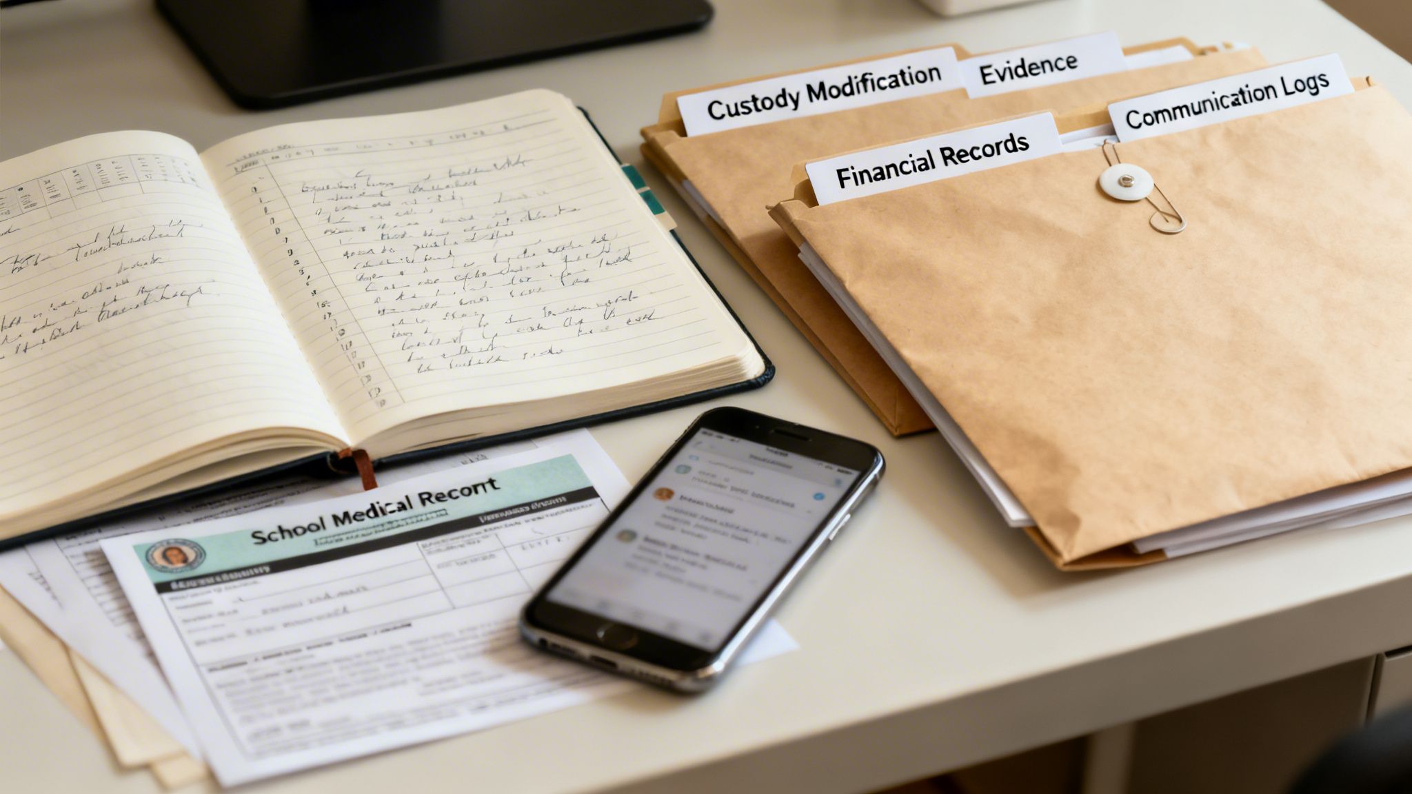 A cluttered desk with legal documents, including envelopes for custody modification, a notebook, and a smartphone.