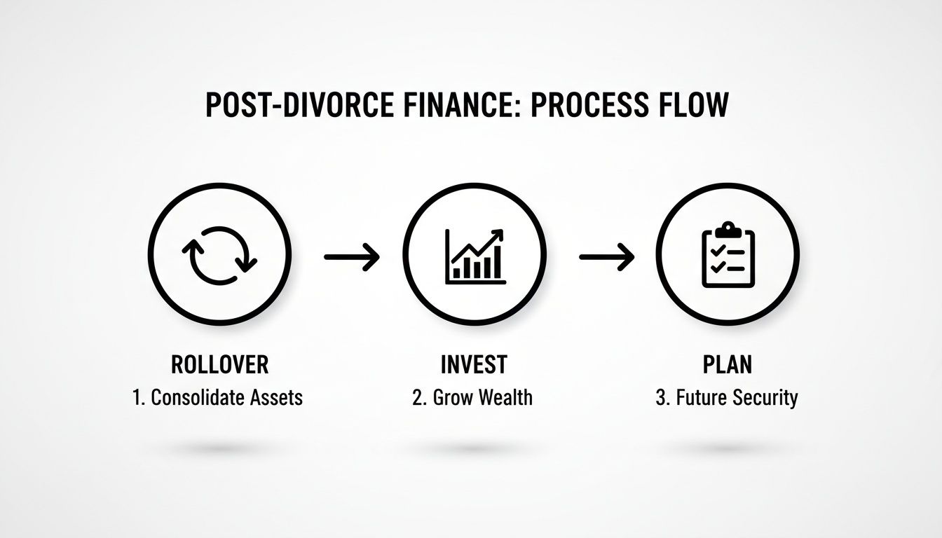 A three-step post-divorce finance process flow: rollover, invest, and plan for future security.