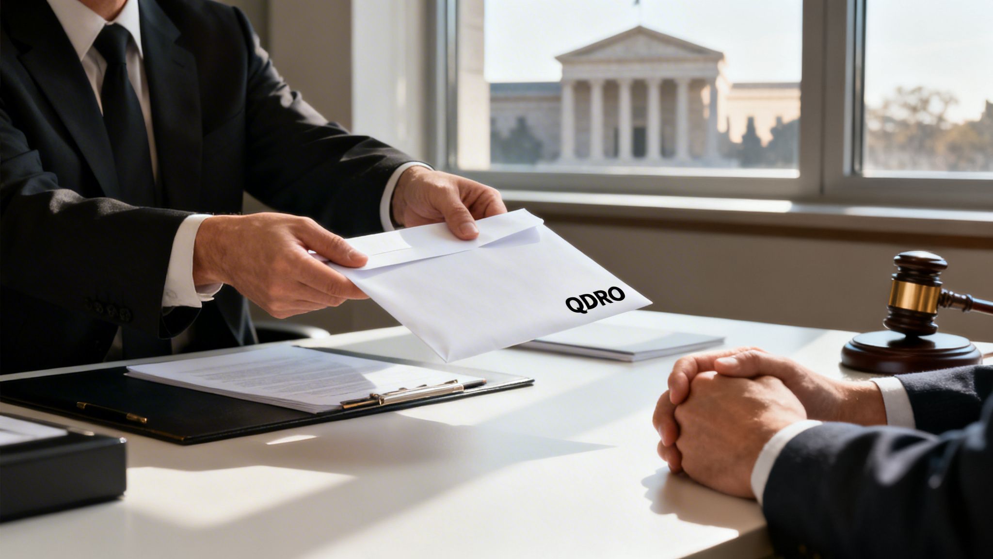 A lawyer hands a QDRO envelope to a client at a desk, with a courthouse in the background.