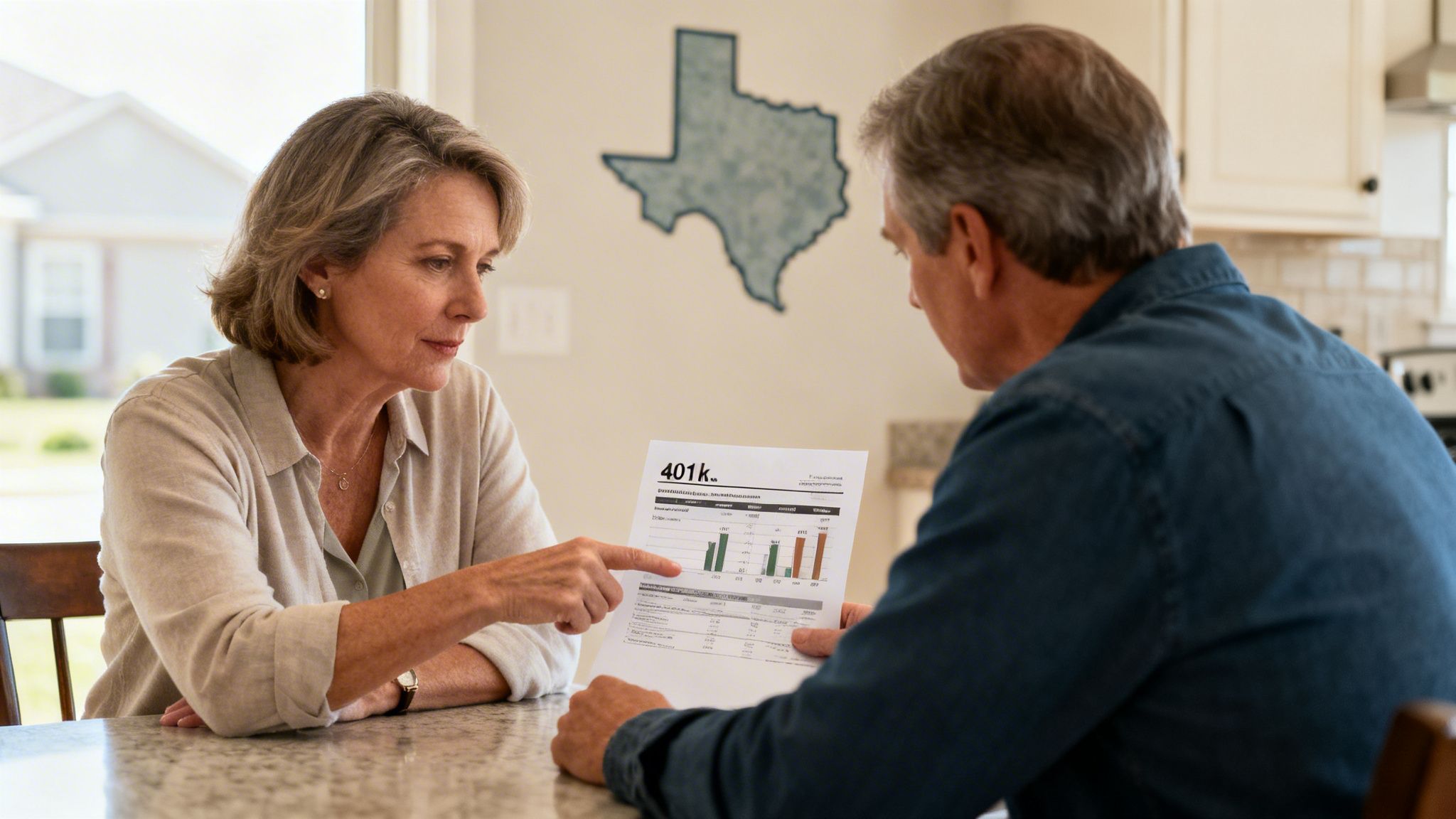 A senior couple reviews a 401k statement, discussing retirement finances at home in Texas.