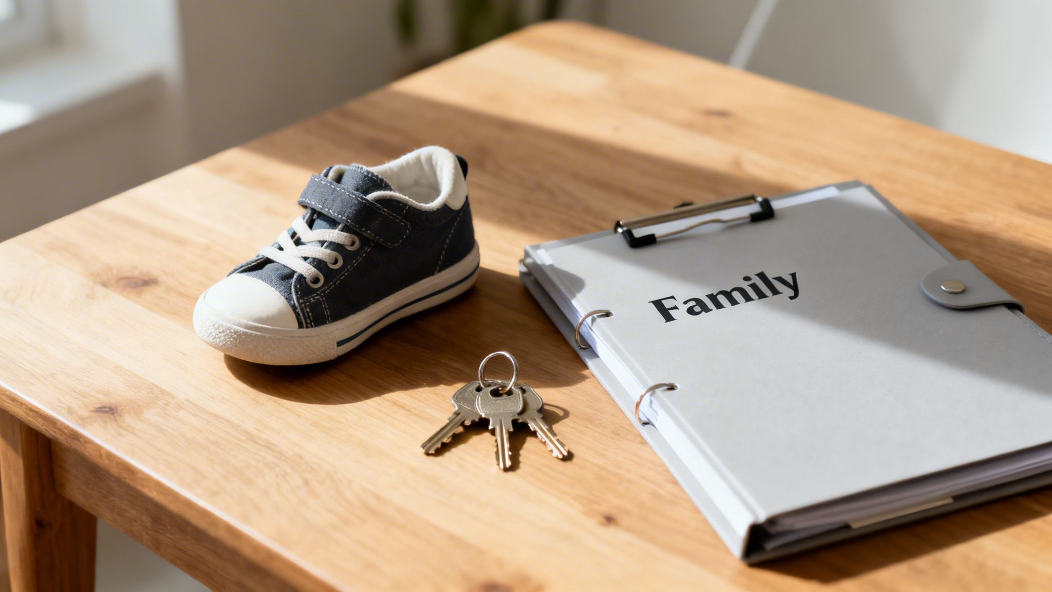 A child's blue shoe, house keys, and a gray 'Family' binder on a wooden table.