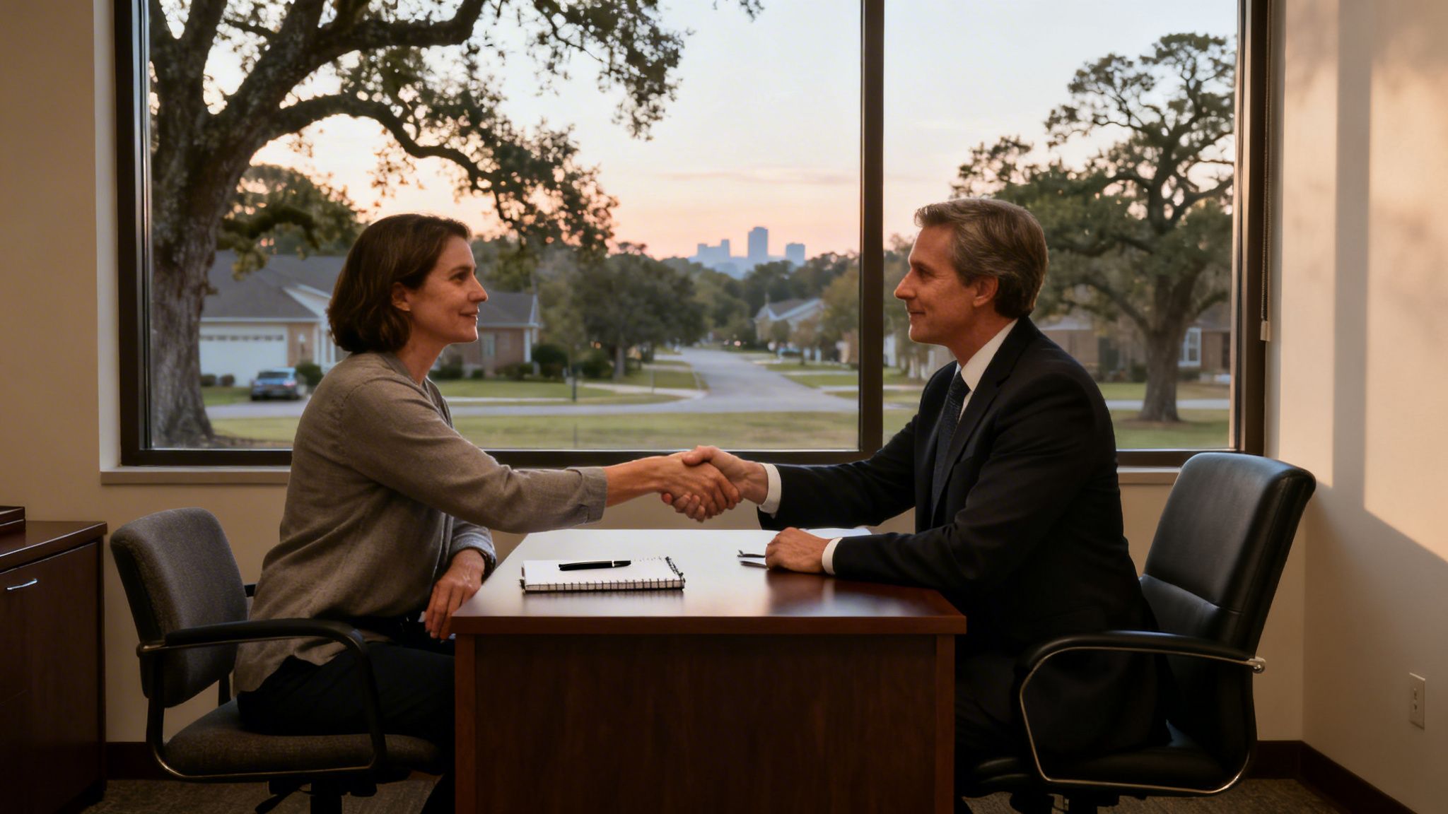 A man and woman shake hands across a desk in a desk in an office with a window view.