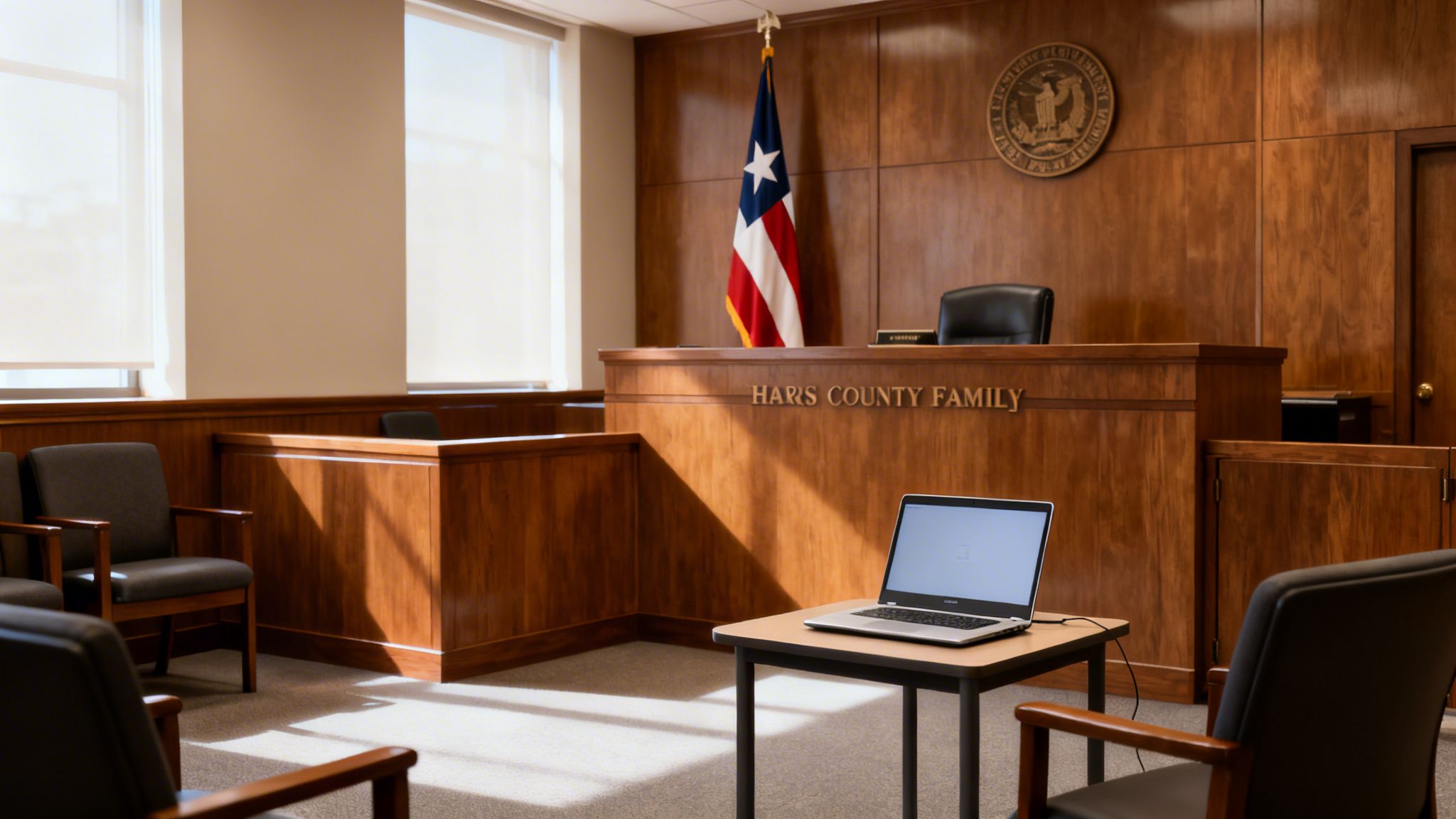 A Haris County Family courtroom with a judge's bench, flag, seal, and a laptop.