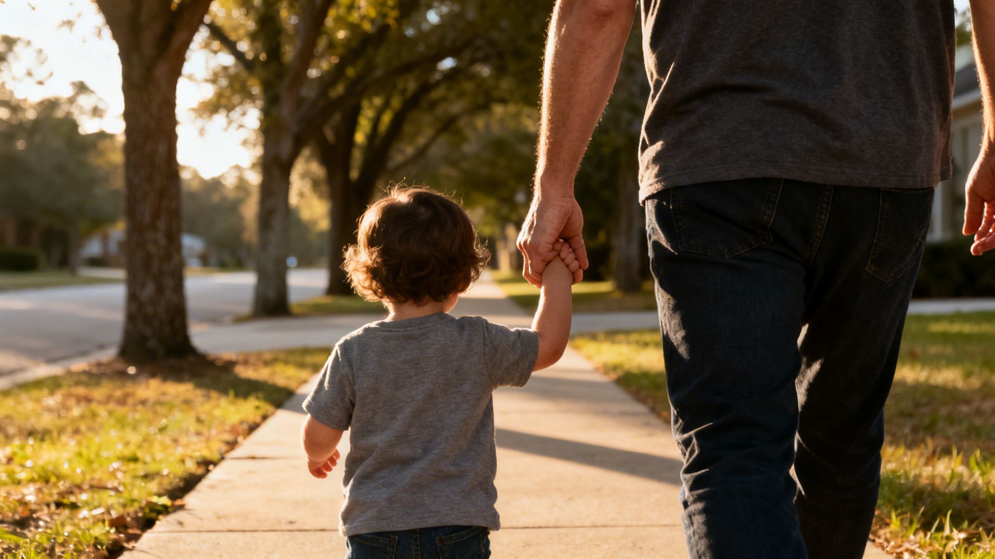 A father and young child hold hands, walking on a sunlit sidewalk at golden hour.