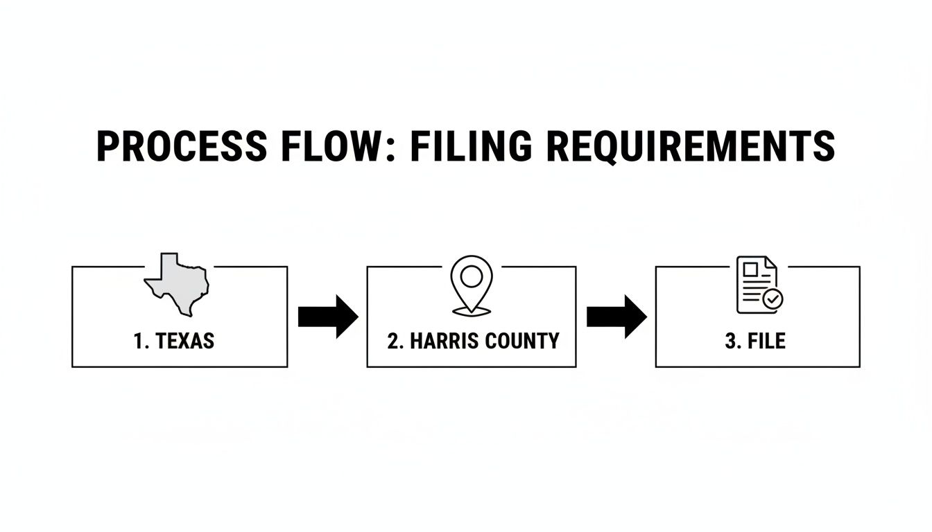 A process flow diagram illustrating three steps: 1. Texas (map icon), 2. Harris County (location pin), 3. File (document with checkmark).