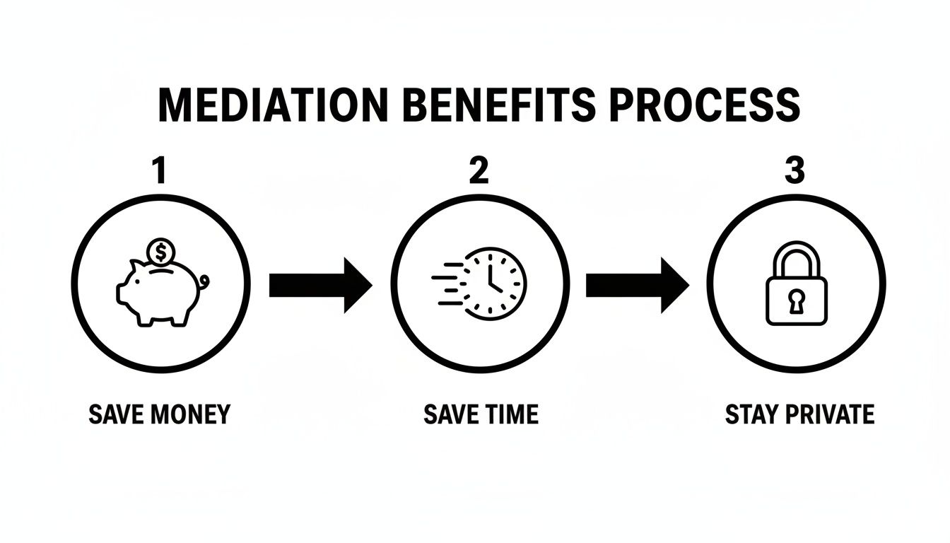 Infographic showing the three benefits of mediation: financial savings, time efficiency, and privacy.