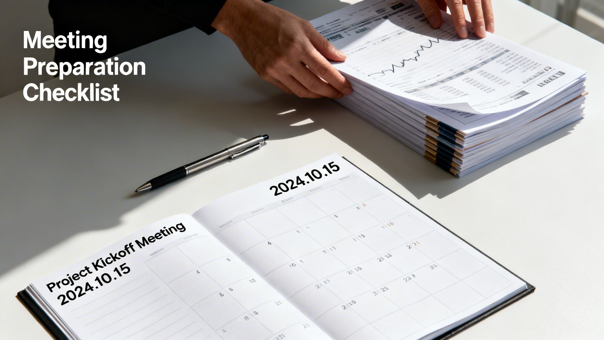 A person organizes documents for a project kickoff meeting, with a calendar showing 2024.10.15.