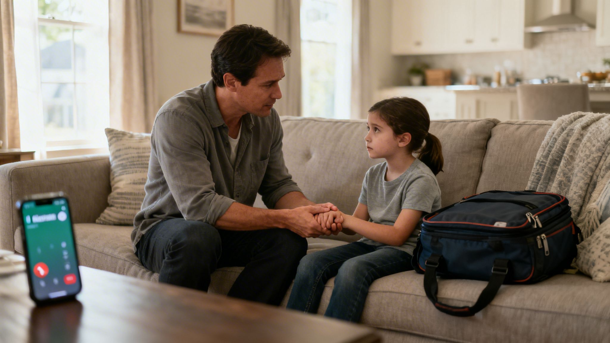 Father and daughter sit on a couch, holding hands, looking serious, with a blurred phone call.