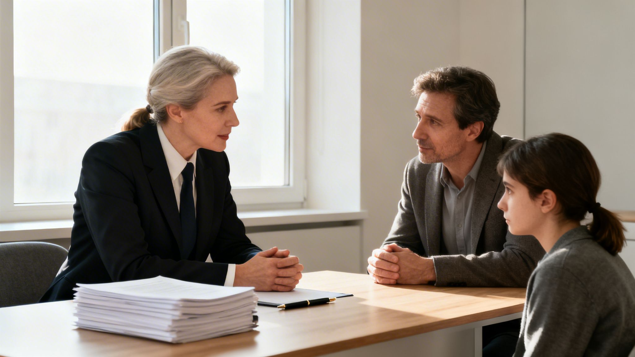 A female lawyer consults with a man and a young woman at a desk with documents.