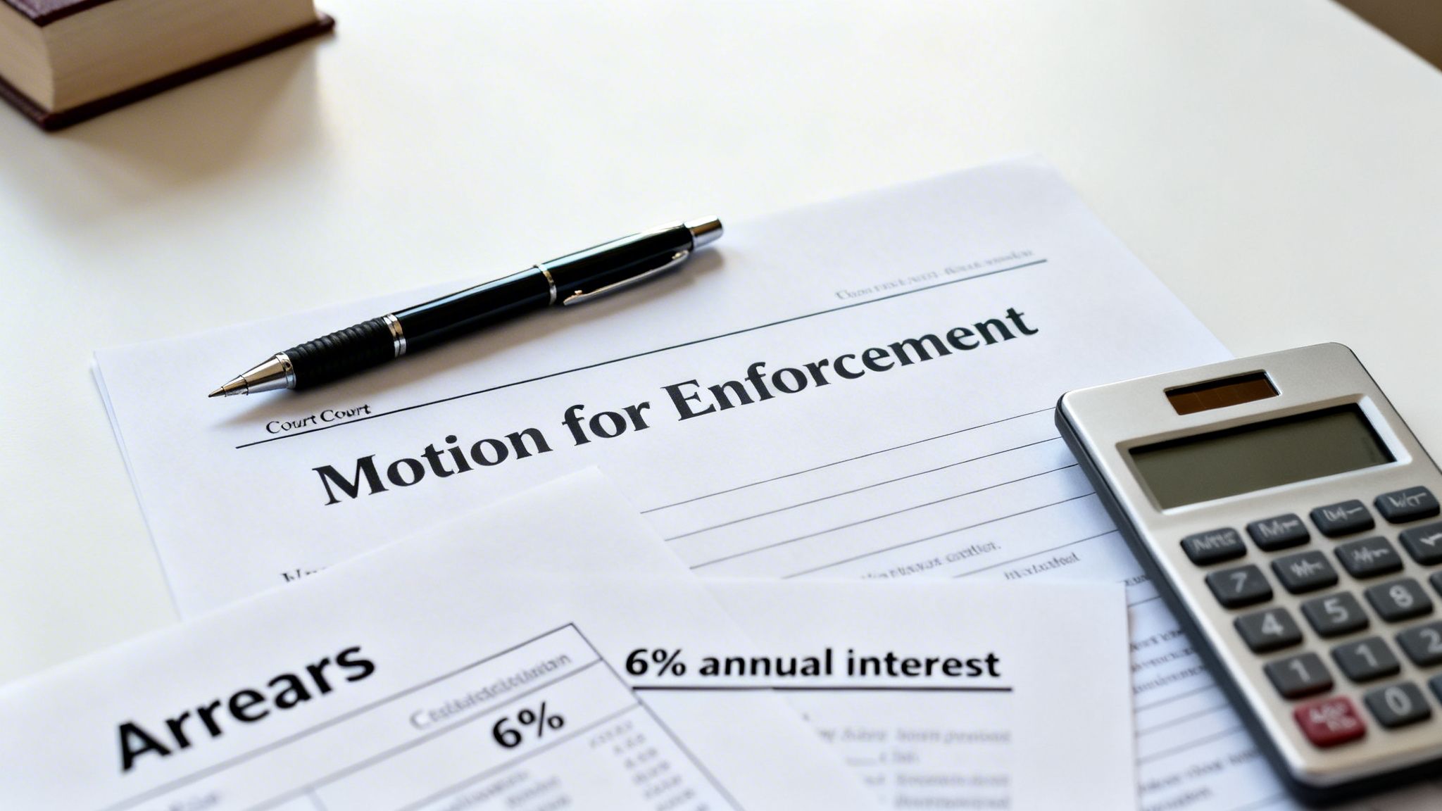 Motion for Enforcement document, arrears, and 6% annual interest forms with a pen and calculator.