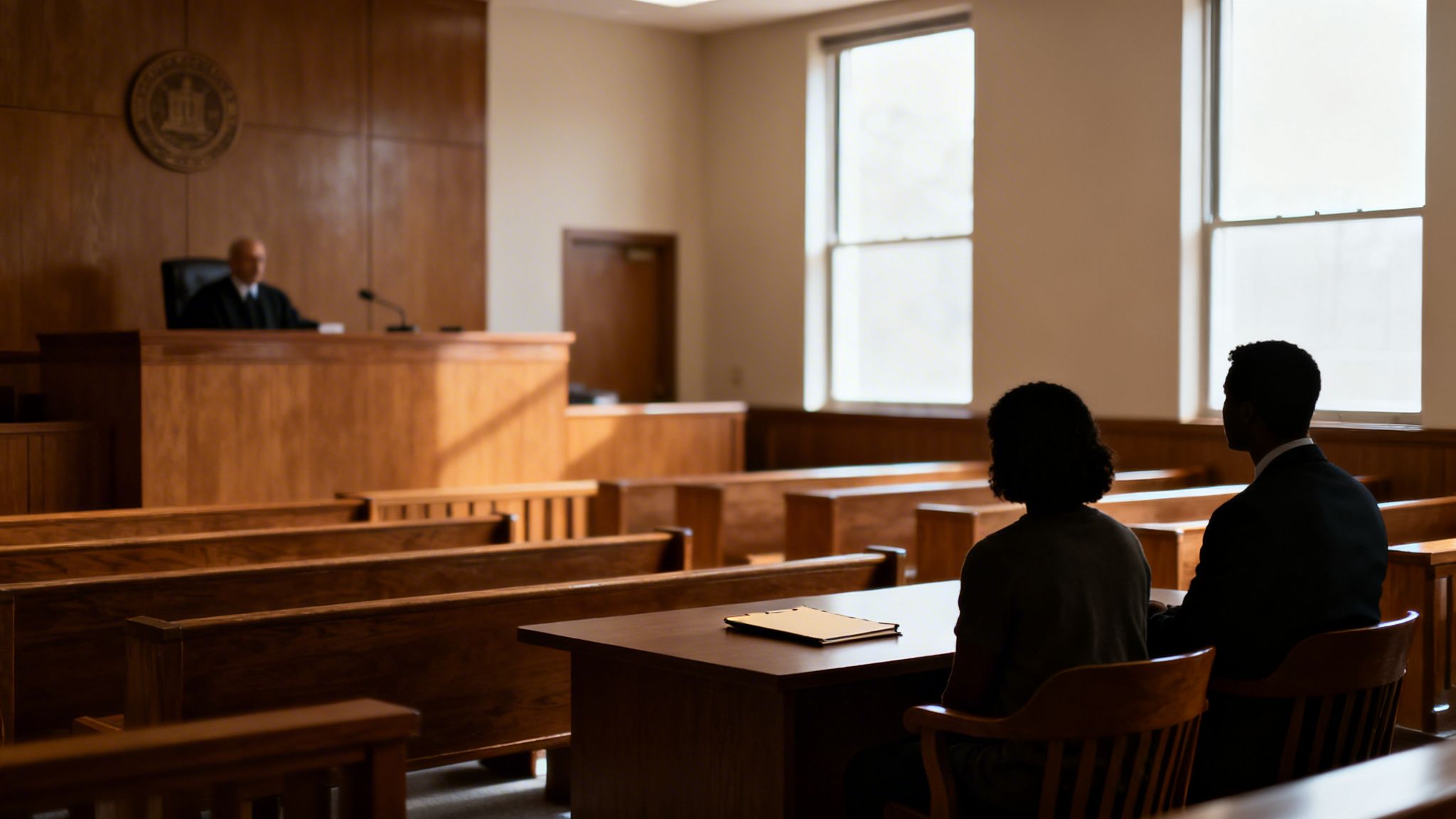 A judge sits in a courtroom while two silhouetted people face the front, observing proceedings.