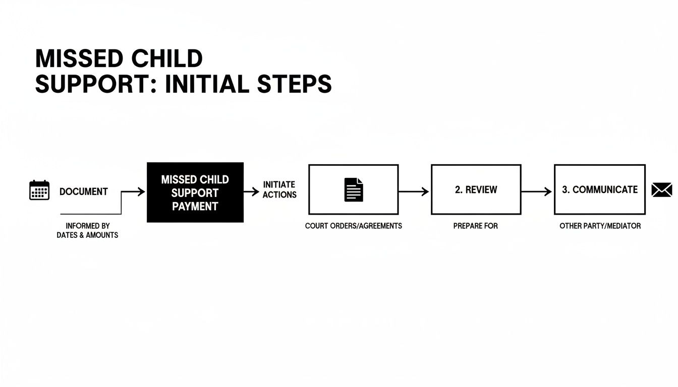Flowchart detailing initial steps for addressing missed child support payments, including documentation and communication.
