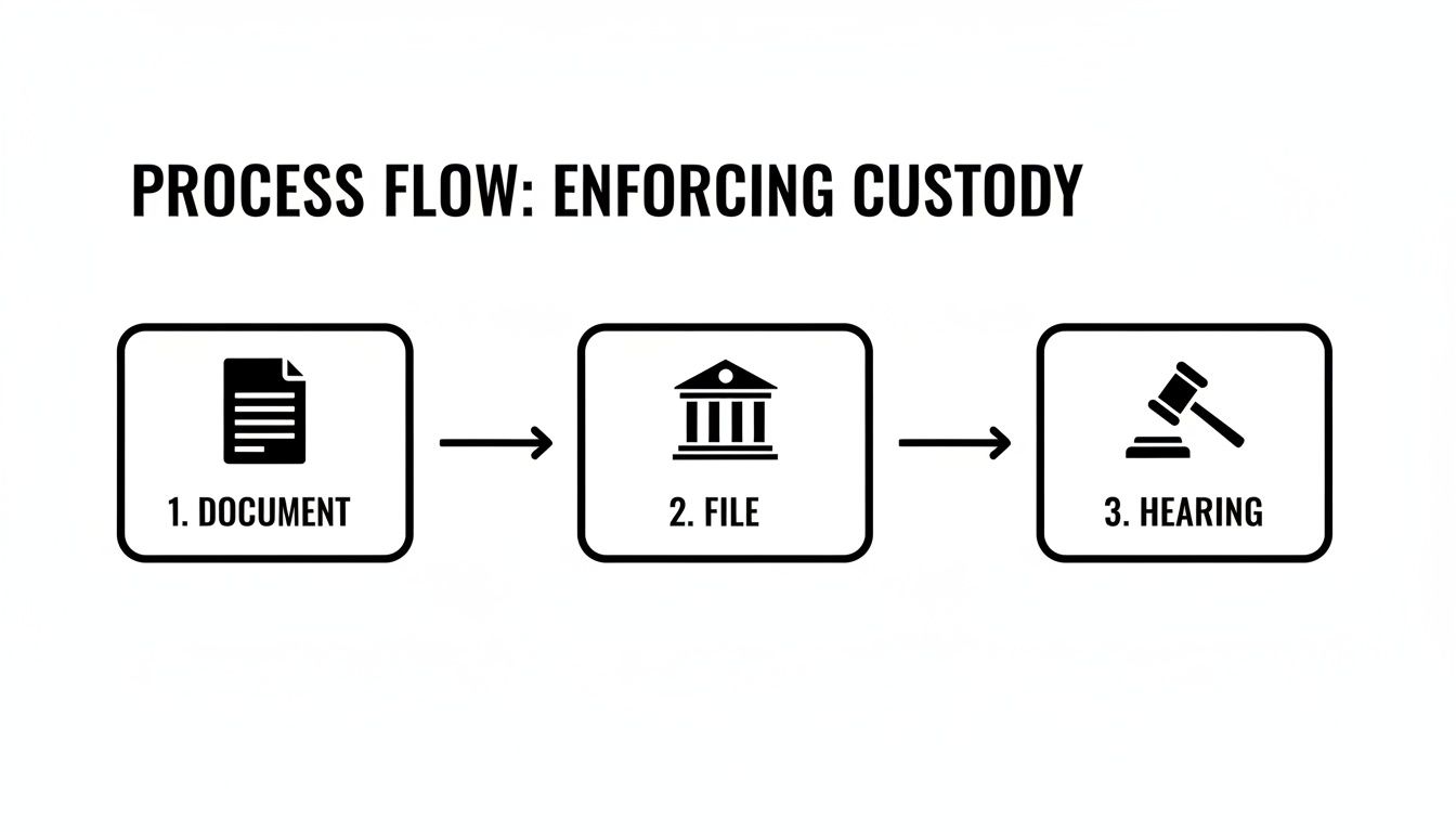Process flow diagram illustrating three steps for enforcing custody: document, file, and hearing.